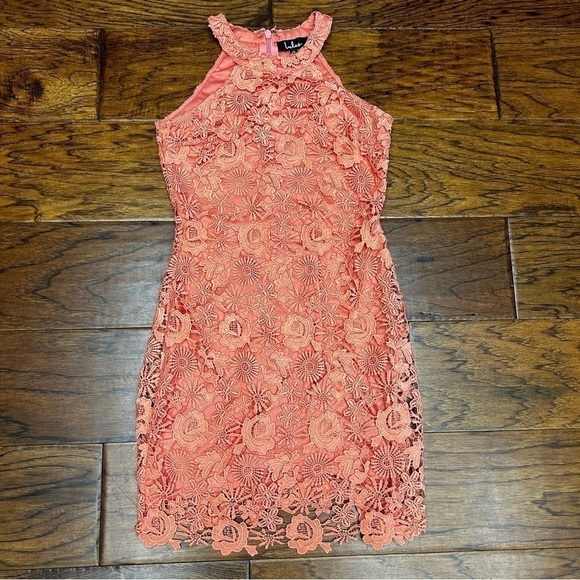 Lulus Love Poem coral Lace Mini Dress - Picture 1 of 10